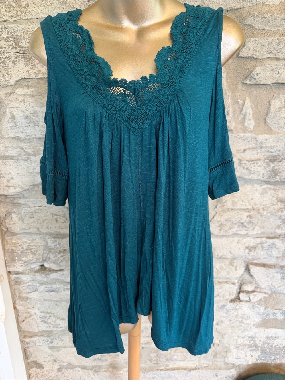 Teal Lace-Trim Cold-Shoulder Top